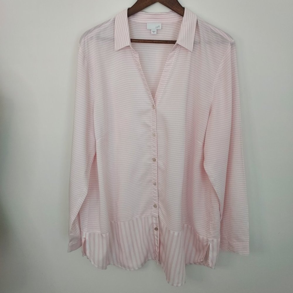 J. Jill Pink and White Stripe Button Down Long Sleeve Tunic